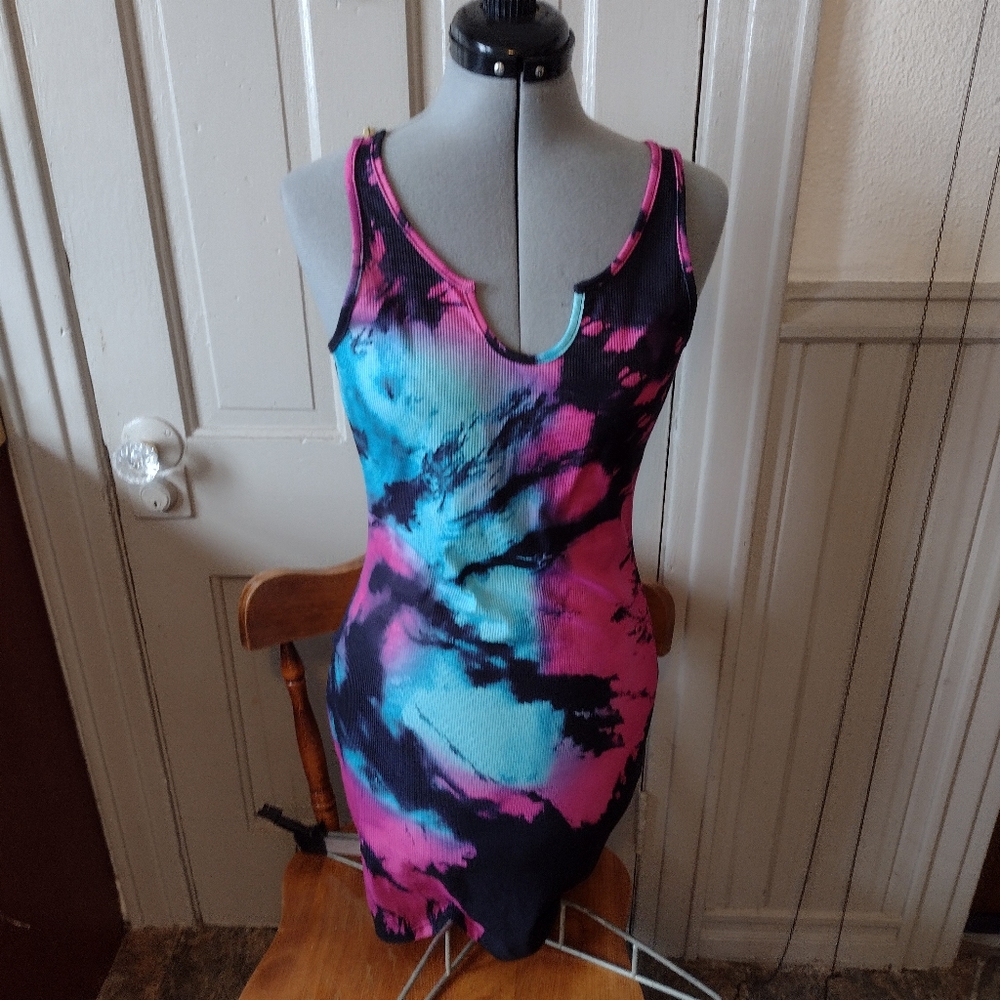 SHEIN Black Pink Teal Tie-Dye Notch Neck Tank Dress